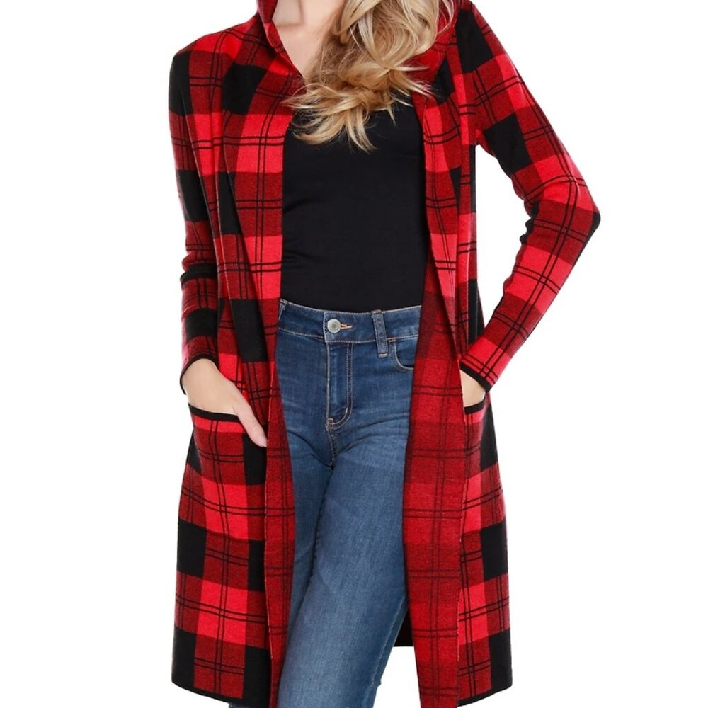 Belldini NEW Red/black Hooded Check Buffalo Plaid Coatigan Tunic Sweater 2X